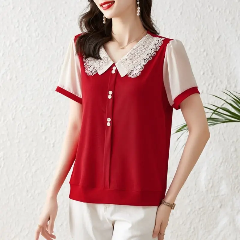 Fashion Lapel Fake Two Pieces Hollow Out Lace Blouse Women's Clothing 2023 Summer New Oversized Casual Pullovers Commuter Shirt