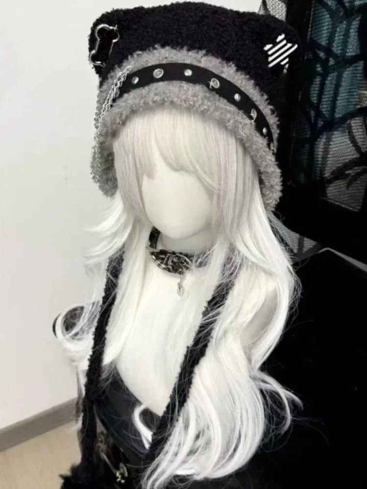 Goth Punk Cat Ear Black Beanie Hats For Women's Autumn Winter Harajuku Cross Chain Knitted Warm Chic Streetwear Chic Y2k Cap