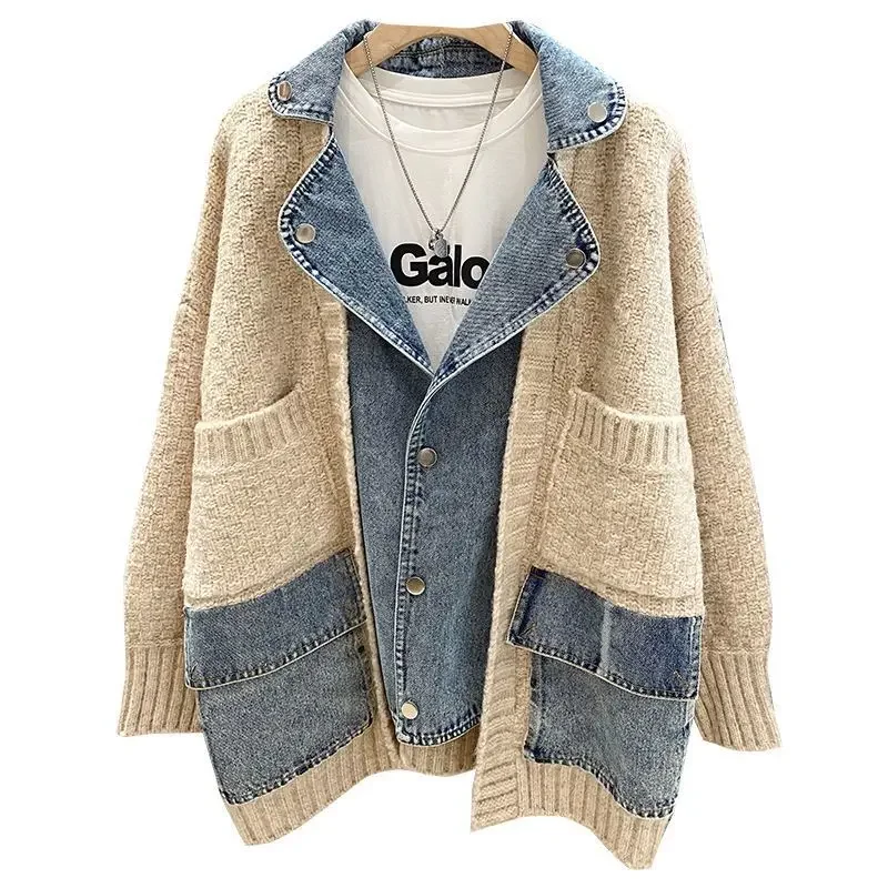 New Autumn Winter Women Splicing Denim Jacket Women Long Sleeve Jean Jackets Female Loose Sweater Cardigan Jacket