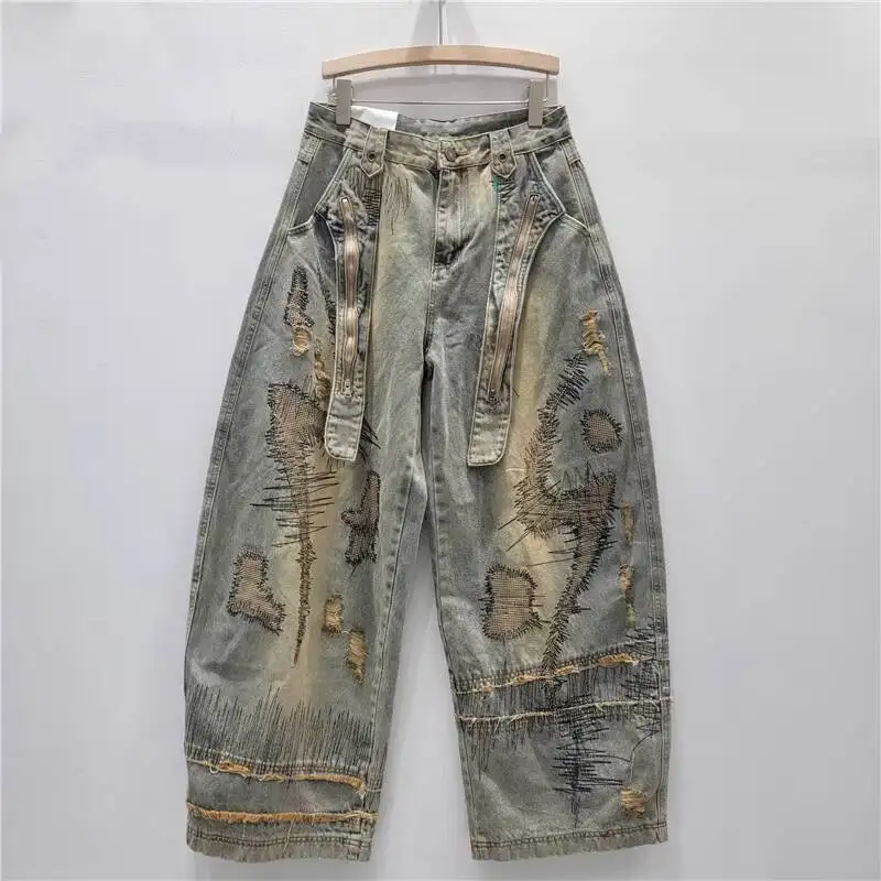 ANJY Herfst Amerikaanse Nieuwe High Street Vintage Zware Borduren Tij Jeans Unisex Niche Ontwerp Stijlvolle Wijde Pijpen Denim Broek A11460