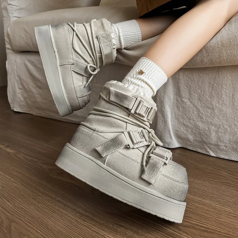 Distressed High‑Top Hidden Wedge Canvas Boots Buckle Lace‑Up Platform Sole Winter Plush Lined Unisex Street Boots Size 36‑44