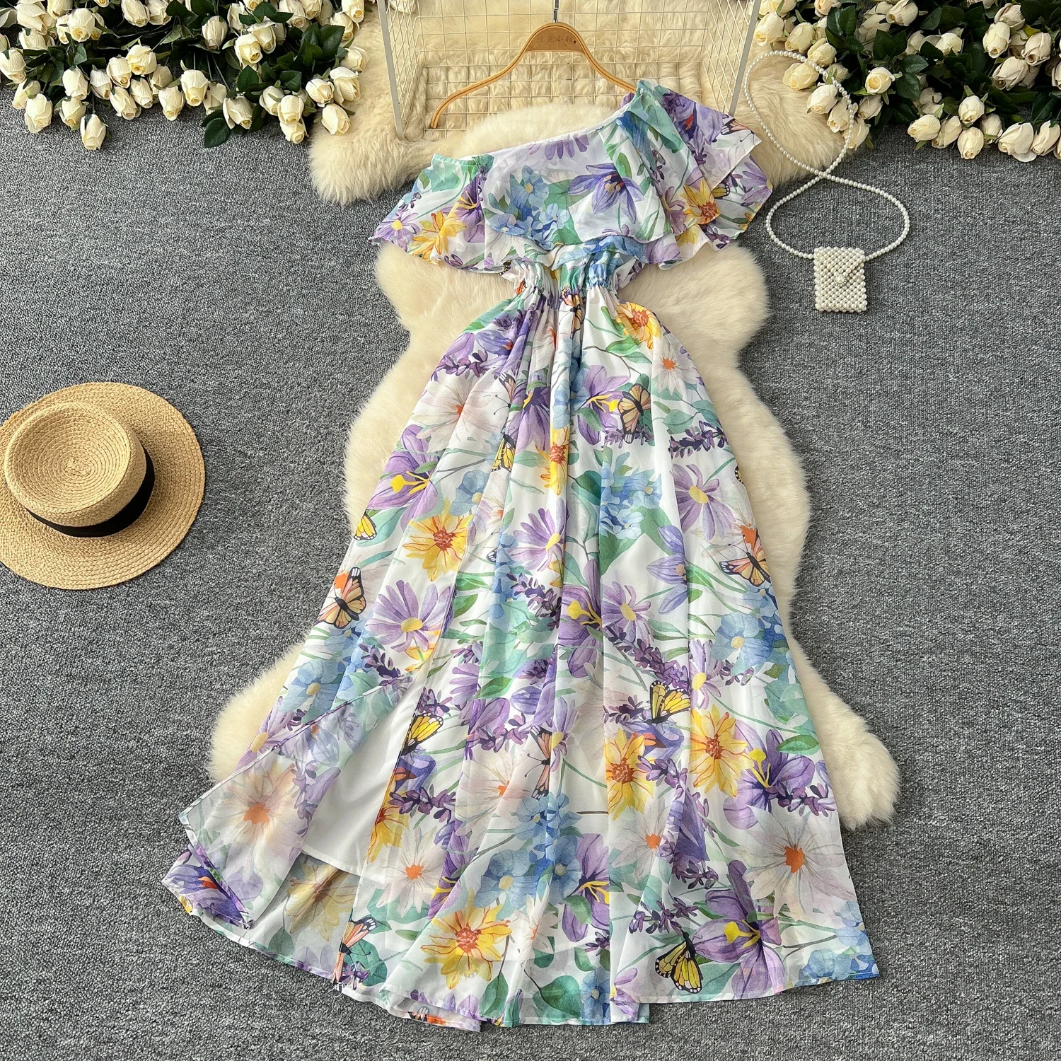 Elegant Print Vintage Diagonal Collar Ruffle Chic Chiffon Slim Split Long Dresses Fashion Beach Vacation High Street Clothing