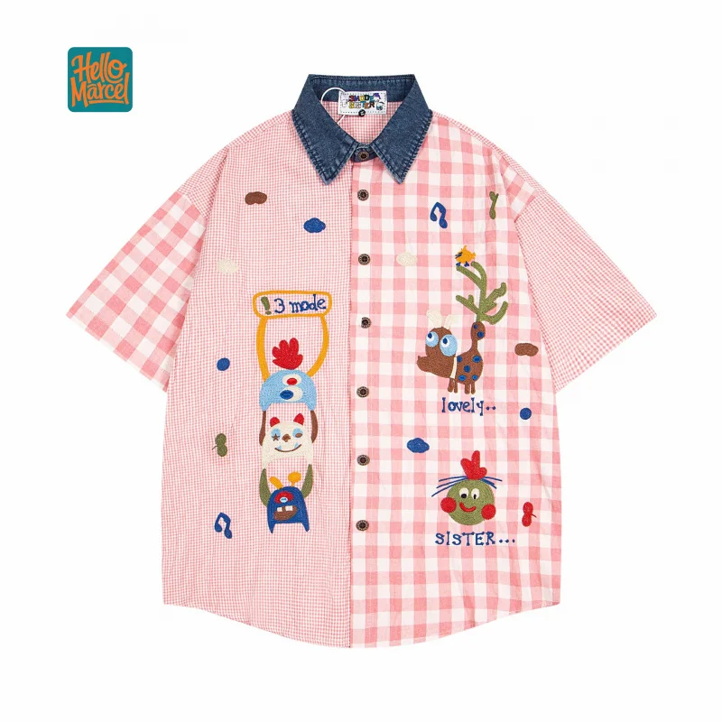 HELLOMARCEL EU US Size Luxury Quality Casual Shirt Street Wear Fun Cartoon Embroidery Color-Block Pink Plaid Shirt Unisex