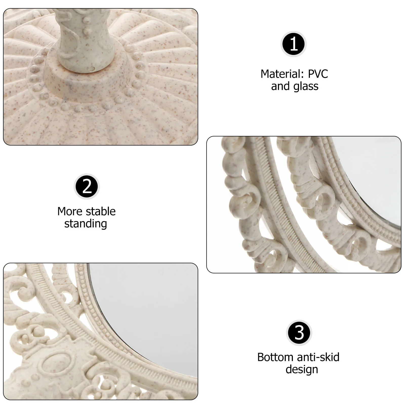 Beige Oval Tabletop Vanity Mirror 360 Degree Rotating 2x Magnification Double-Side Exquisite Classic Design Detachable Base