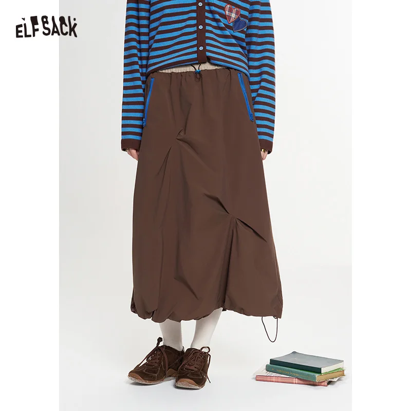 ELFSACK Women's Asymmetrical Midi Skirt with Twisted Bud Hem, Contrast Drawstring Waist Zip Pockets, Casual Outdoor Wear