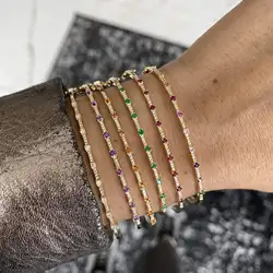 New Bezel Set Colorful 5A Cubic Zirconia Bangles for Women 18K Gold Color Purple Pink Green Blue White Bracelet Fashion Jewelry
