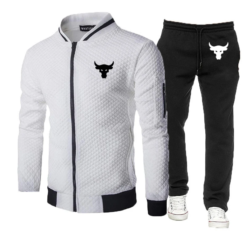 Dwayne Johnson Brahma Bull Tattoo Logo Print Spring Autumn Mens  Popular Round Neck Jacket Sportswear+Sweatpants Slim Sports Set