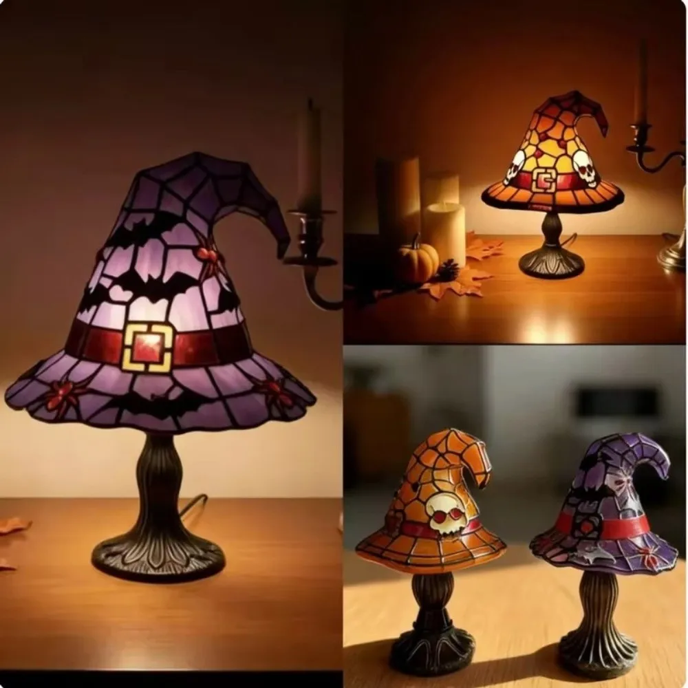 Portable Witch Hat Lamp Stained Glass USB Powered Gothic Night Light LED Warm Light Multifunctional Halloween Table Lamp