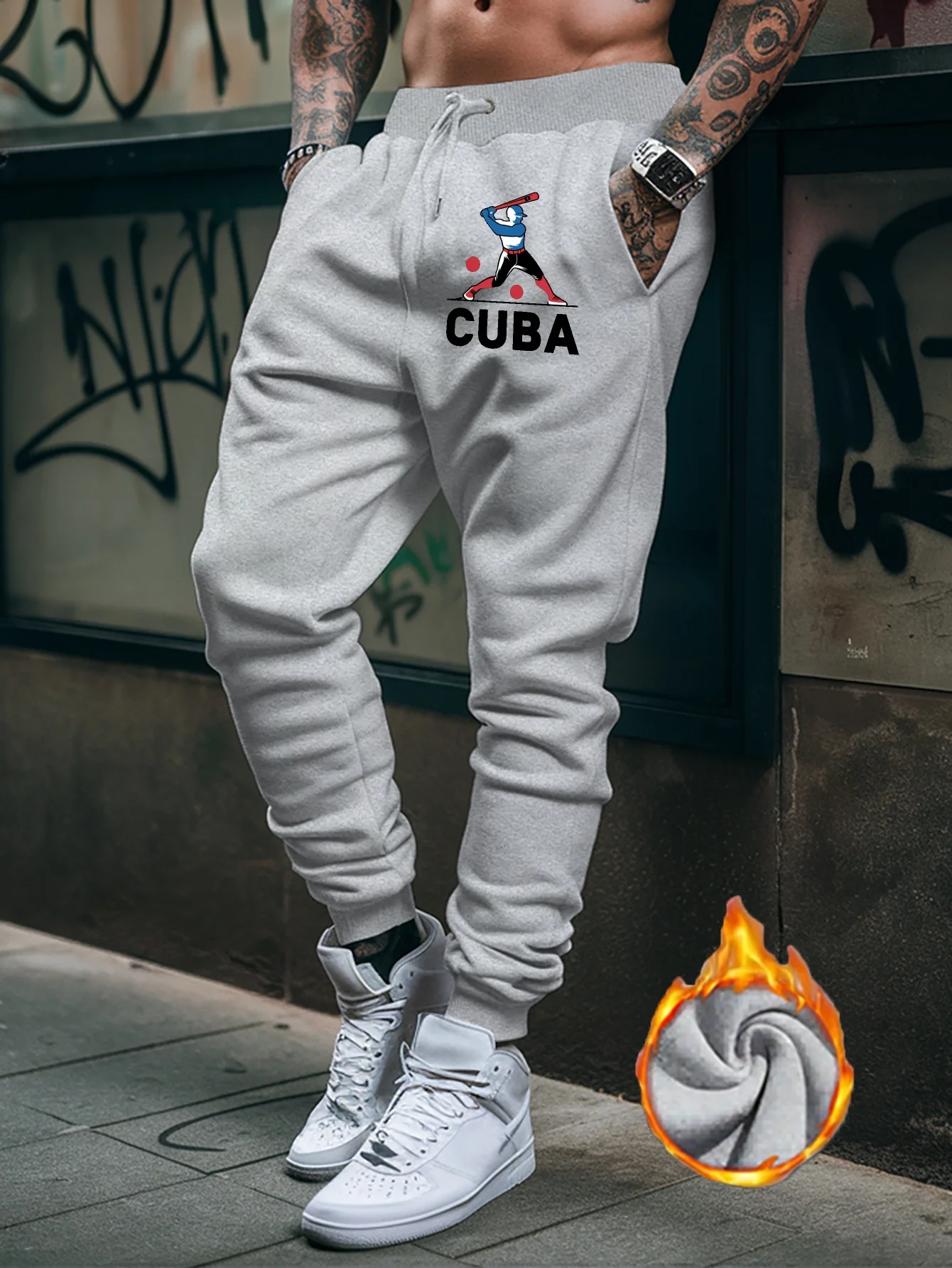 Ballspiel-fokussierte Cuba Baseball Schlagmann-Charakter Grafikdruck Stylische, schmal geschnittene Herren-Sweatpants Hip-Hop-Sport-Jogginghose