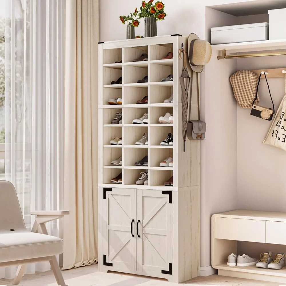 

Shoe Storage Cabinet with Doors, 10 Tiers Tall Shoe Cabinet Wood, 30 Pairs Farmhouse Shoes Cubby Organizer, Freestanding Entrywa