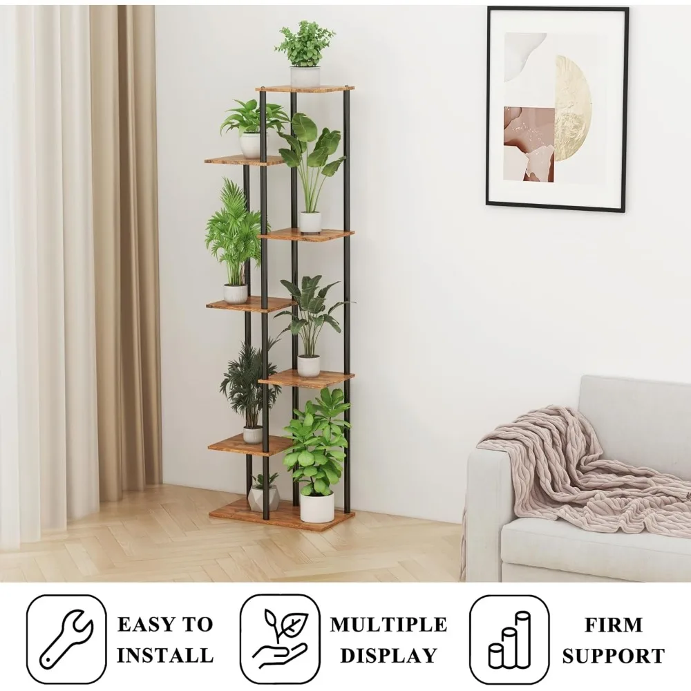 Indoor Metal Plant Rack, Multiple Flowerpot Height, Plant Supports, Simple Brown Color, 7-Story, 8-pot