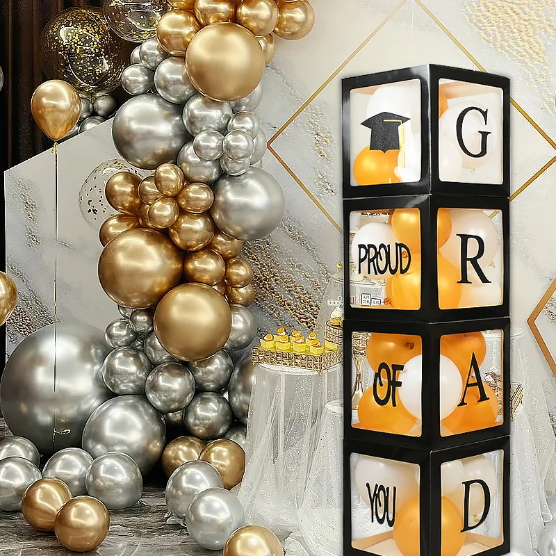 Graduation Season Decoration Black Transparent Balloons Box With Letters Congrats GRAD Class Of 2024 Graduation Ceremony Decor