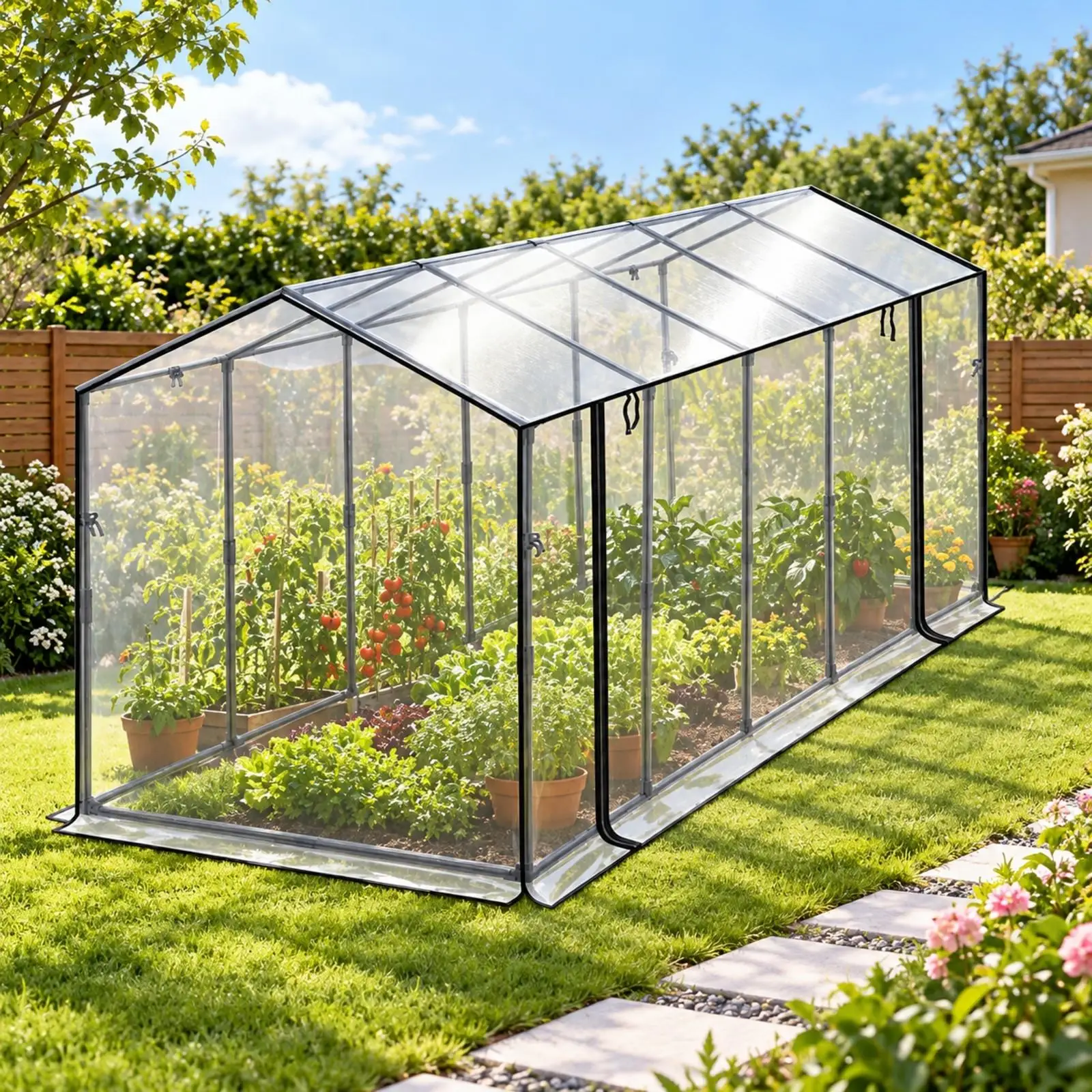 Outdoor Walk in Greenhouse Frame with Pitched Roof and Tie Fastening Door for Garden Beds