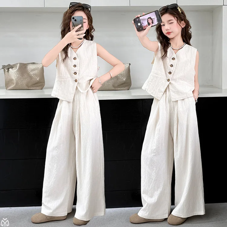 

4-14 teen girls vest pants clothes set Designer style white sleeveless top+wide leg pants 2pcs junior kids suit child outfits