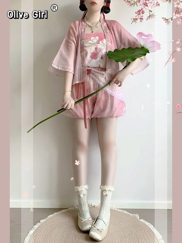 

Женский комплект Olivegirl Hanfu в стиле Song: короткая рубашка, брюки-юбка с цветочным принтом, шорты, повседневный летний стиль
