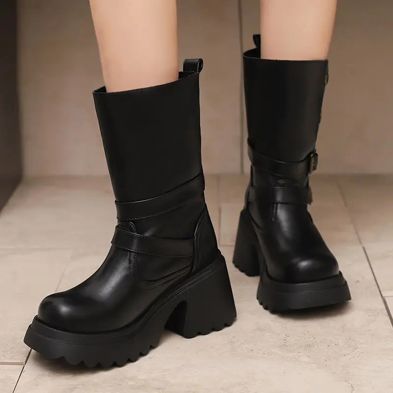 

Girseaby Brand Retro Women Mid Calf Boots Round Toe Chunky Heels 8cm Platform 3.5cm Buckle Details Big Sizes 43 44 45