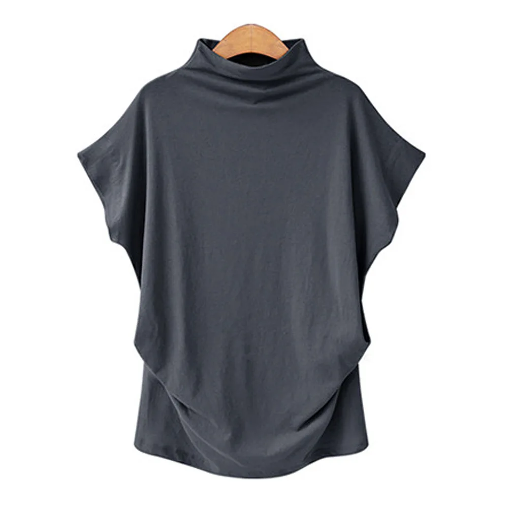 Camiseta informal de manga corta para mujer, Top de algodón de cuello alto, color liso, talla grande, ropa a la moda