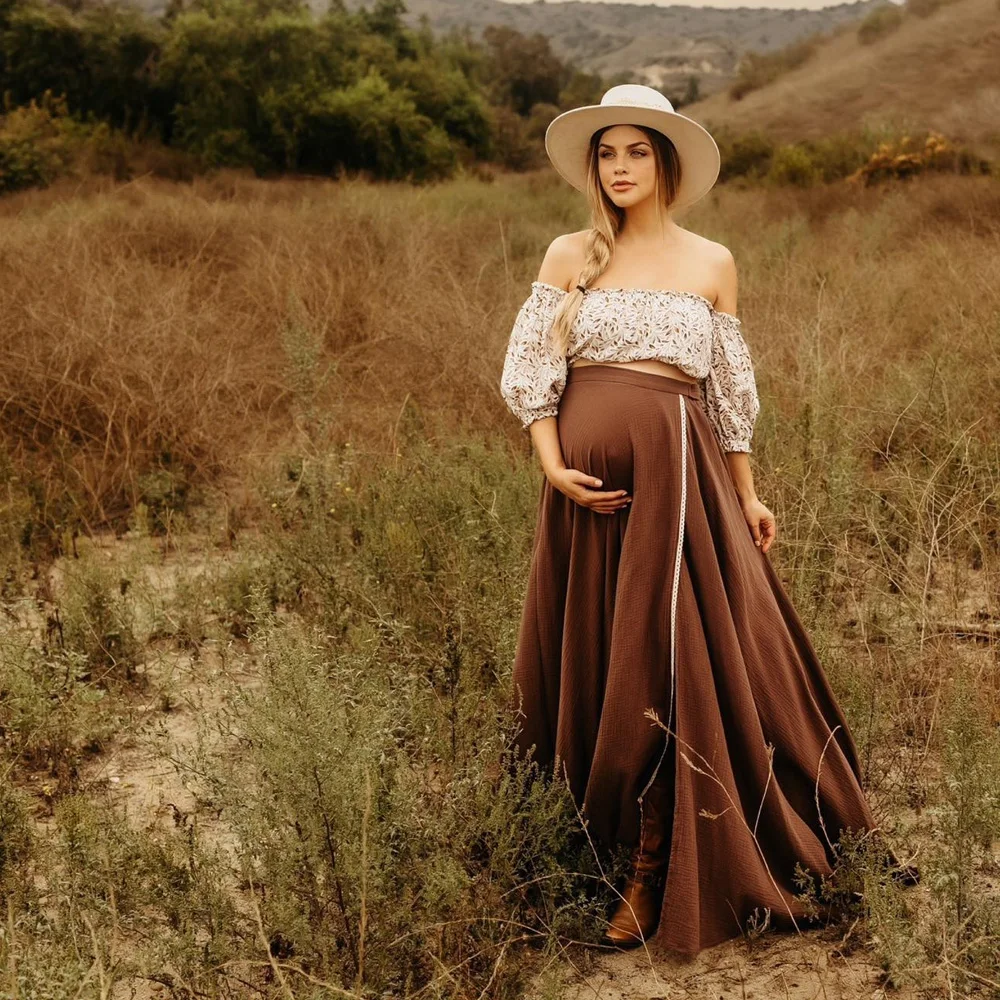 Vestido bohemio para sesión de fotos de embarazo, Top de gasa estampado y falda de algodón de lino, vestido de fotografía para mujer, vestido estilo