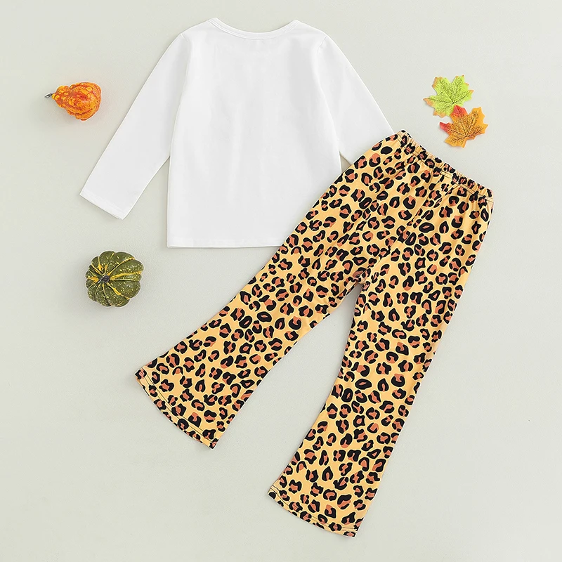 Halloween 1-5Y Toddler Girl Clothes Letter Long Sleeve Tops Leopard Print Flare Pants 2 PCS Outfit