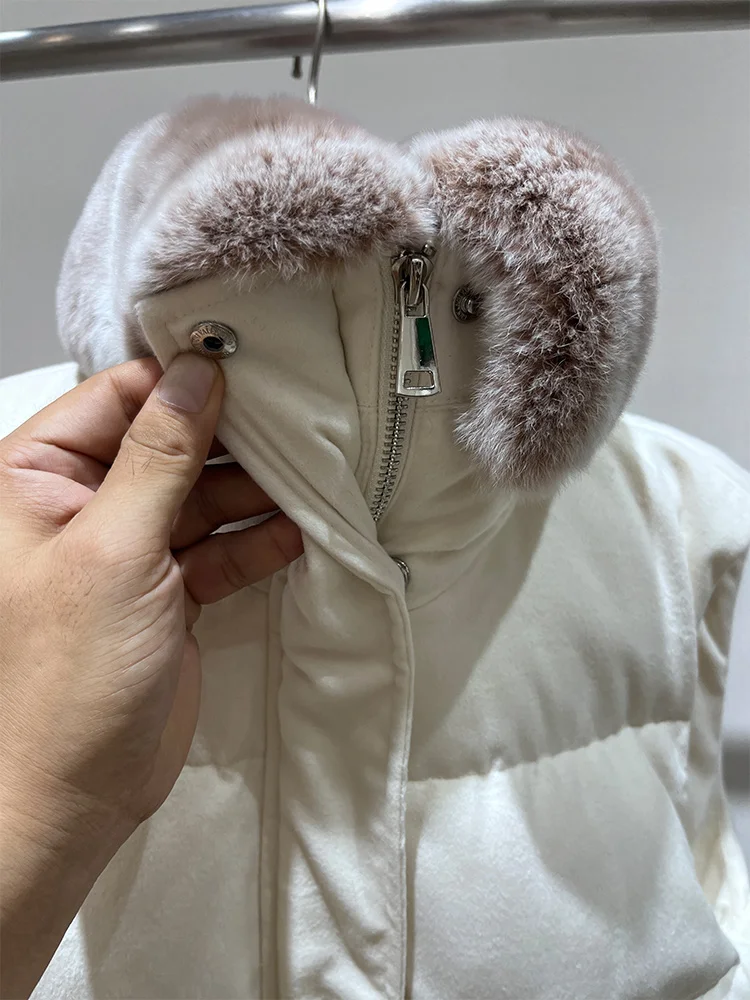 Women Winter Cashmere Wool Sleeveles Vest Rex Rabbit Fur Collar Goose Down Waistcoat Jacket Thick Female Outwear Puffer Coat