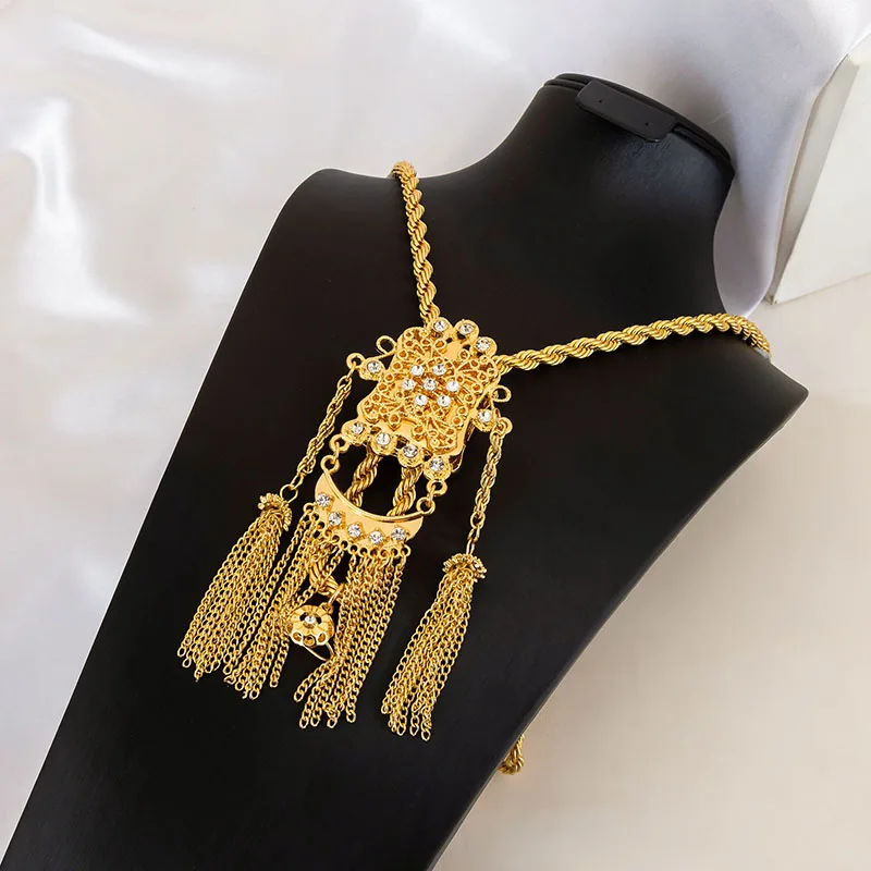 Fatima Store Algeria Bridal Chain Necklace With Rhine stone  Arabic Gold Color Luxury  Slit Accessories Tassels Pendant Jewelry