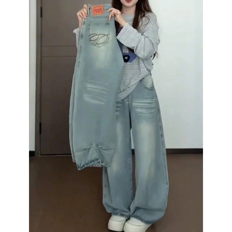 

Американские ретро джинсы Scimitar женские осенние новые дизайнерские свободные широкие брюки с высокой талией и вышивкой