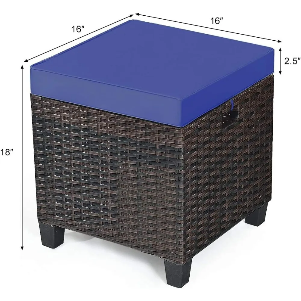 Ottoman teras rotan 2 potong, Ottoman anyaman semua cuaca dengan Bantal & bingkai baja yang dapat dilepas, furnitur bangku kaki luar ruangan