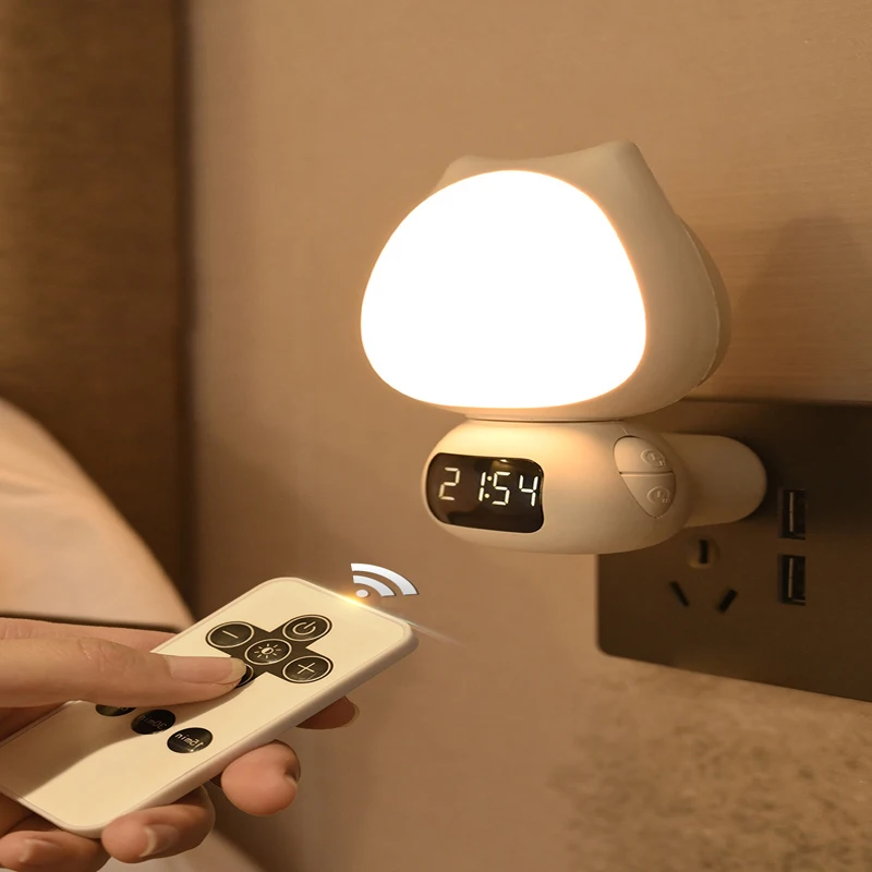 Smart LED Night Light with Clock Bedroom Bedside Lamp Lighting RF Control Eye Protection Lamps Stepless Dimmable Chargeable