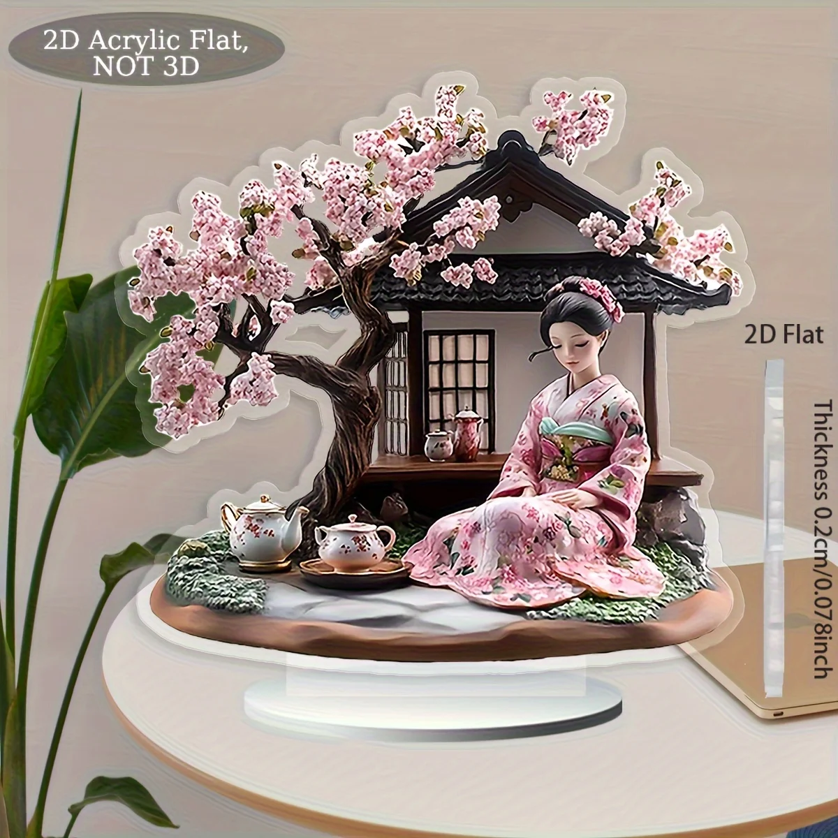 Modern Style Japanese Geisha & Cherry Blossom Tree Pattern 2D Acrylic Tabletop Ornaments Festive Traditional Japan Decor