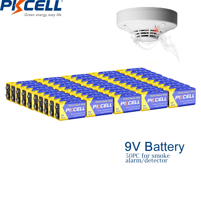 50PC PKCELL 9V Battery 6F22 Super Heavy Duty Batteries AS PPP3 9V single use For Smoke Detector ,Multimeter Microphone KTV Use