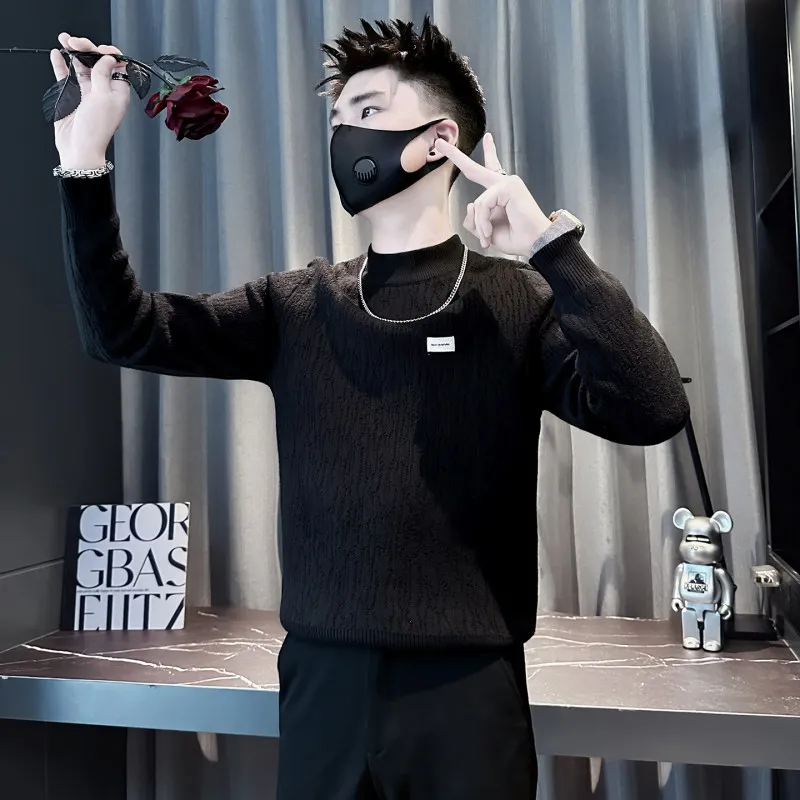 

Утепленный повседневный свитер с текстурной вышивкой логотипа, теплый, размер S, мужской, зимний, модный, маленький размер, трикотажный, с круглым вырезом, длинный рукав