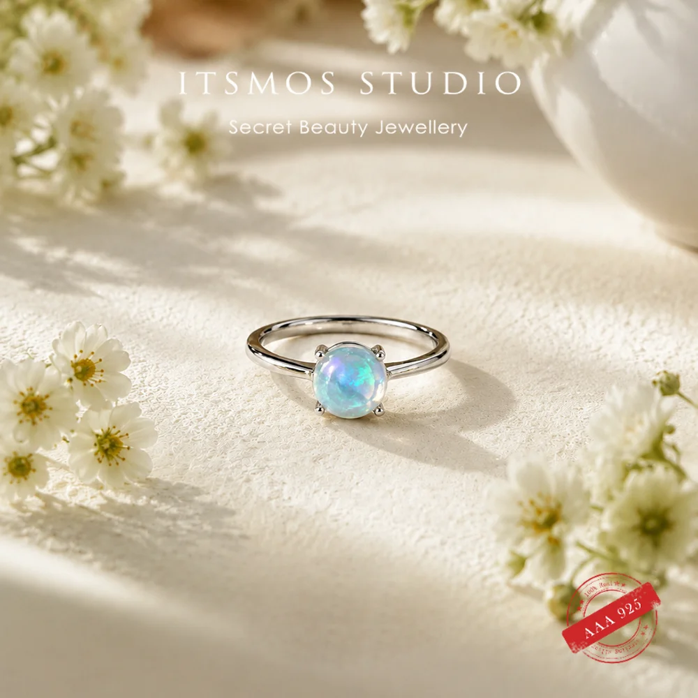 

ITSMOS Natural Opal Promise Ring Sterling Silver Minimalist Jewelry Fairycore Stackable Engagement Flash Fire Band for Women