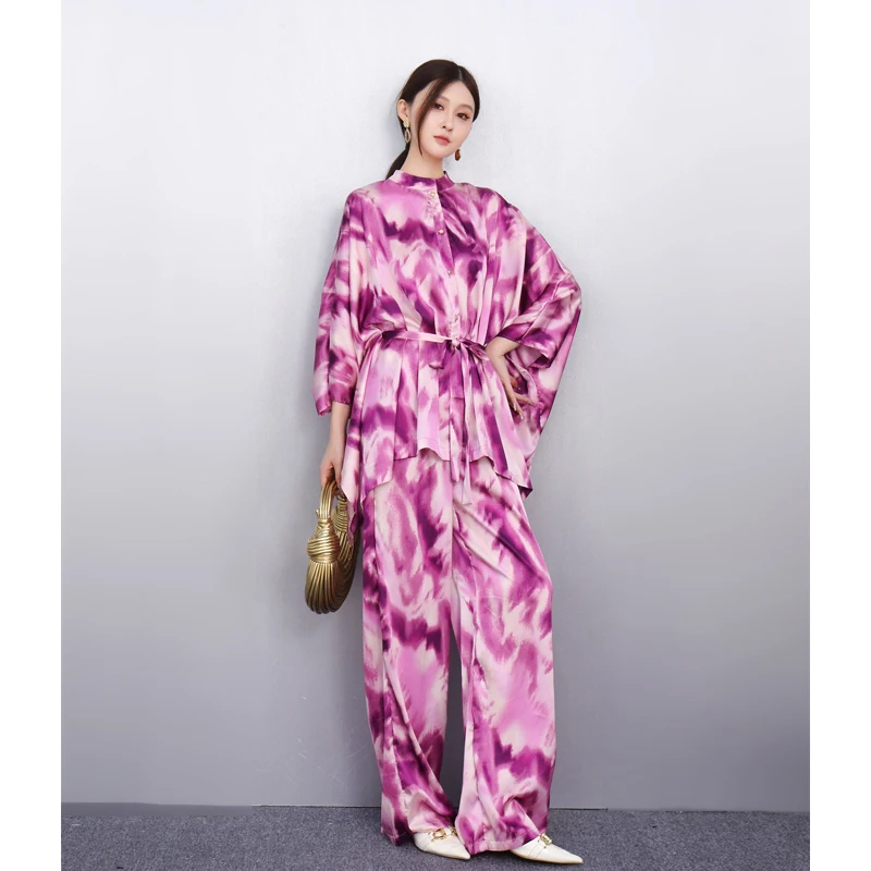 

SuperAen Fashion Design Oversize Stand Collar Printed Shirt Full Length Wide-leg Pants Summer 2025 New Two-piece Set