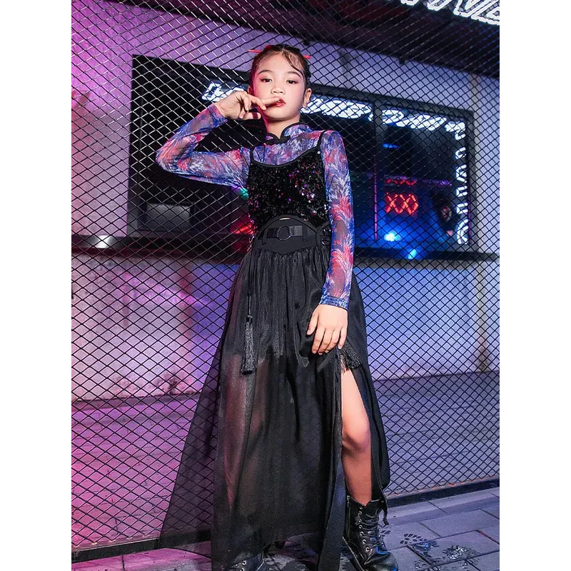 

ZZL K-pop Stage Outfit for Girl 3 Pcs Black Sequined Vest Tulle Skirt Urban Dance Children Clothes for Jazz Hip-hop Runway Show