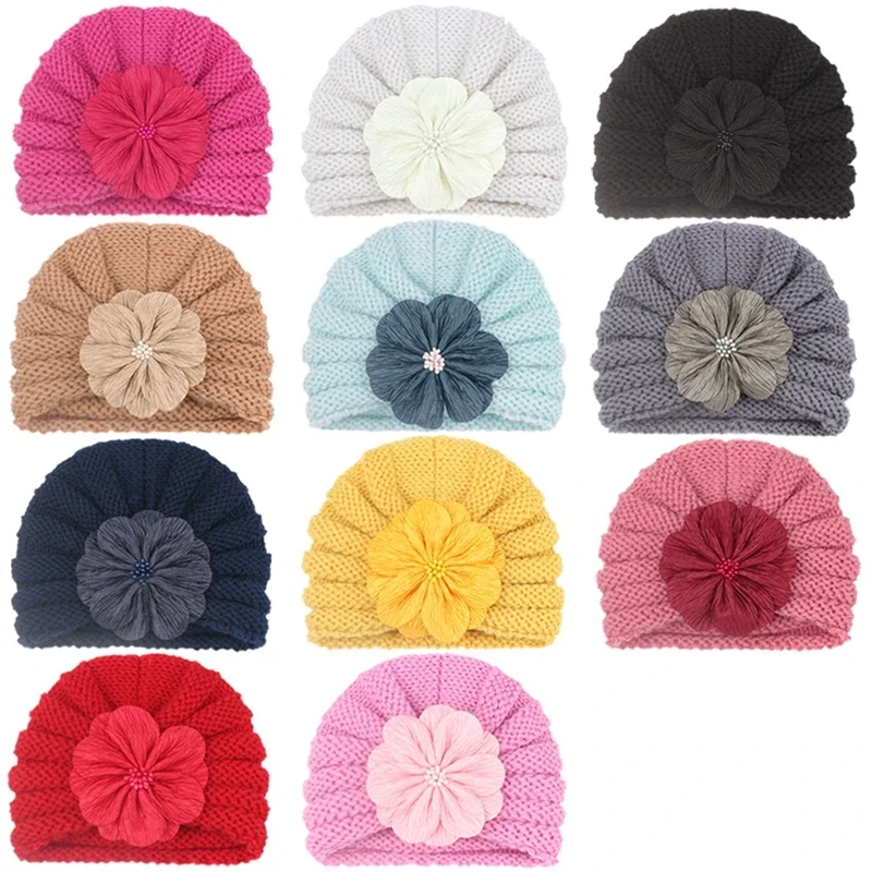 Sombreros a rayas de flores para bebés, gorros de lana de punto suave, decoración de ropa, accesorios de turbante, regalo de cumpleaños