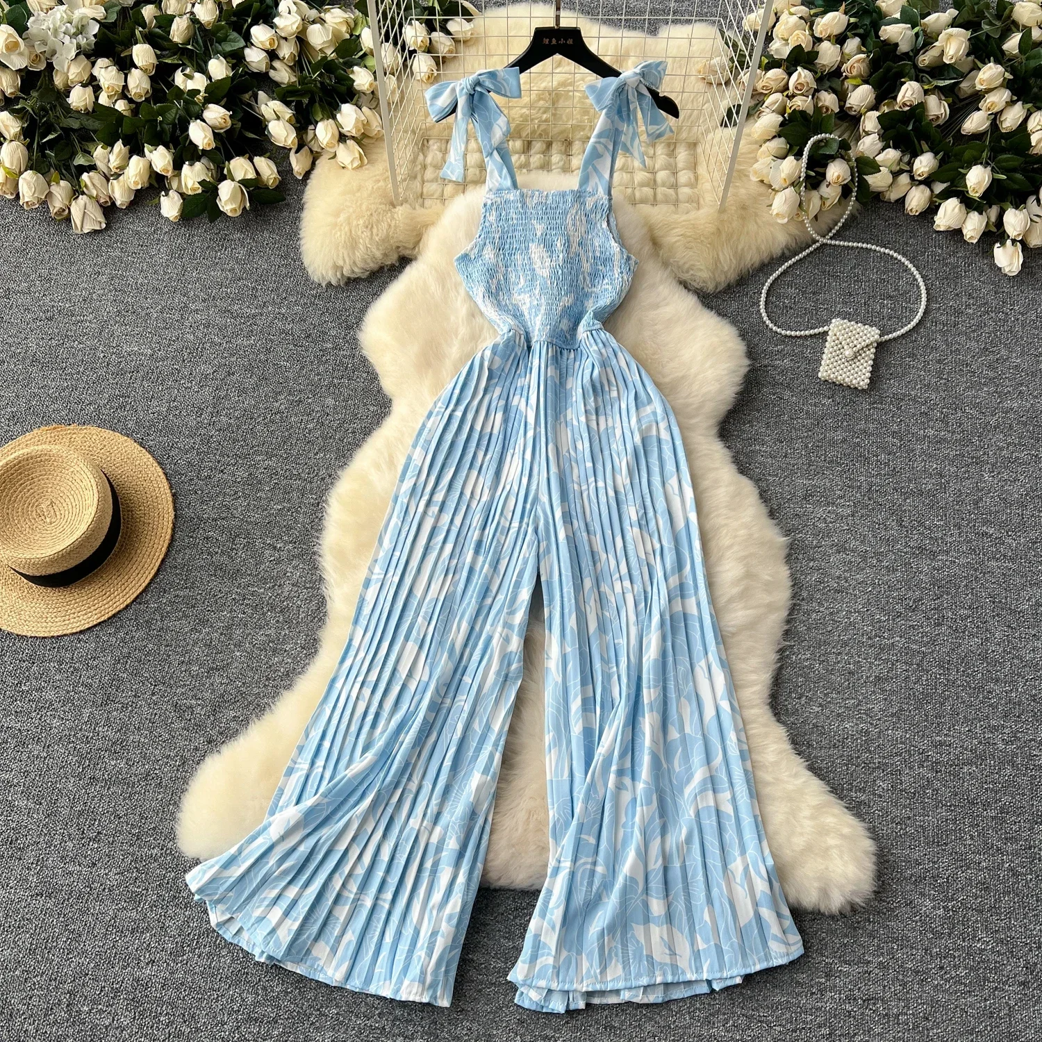 Jumpsuit with Straps for Women Summer Print Women Jumpsuit Wide Leg Pants Sexy Sleeveless Jumpsuit One Piece Outfit