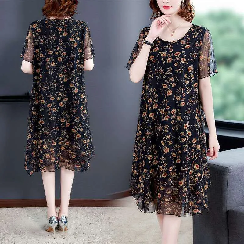 plus Size Mesh Dress for Middle-Aged Mothers Summer New Style Loose Belly Covering Slimming Skirt City Walk Polyester Fabric