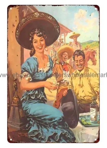 Letreros antiguos de los años 50, cartel de metal de estaño con diseño de bebida de tequila Sauza, estilo mexicano, arte de calendario.