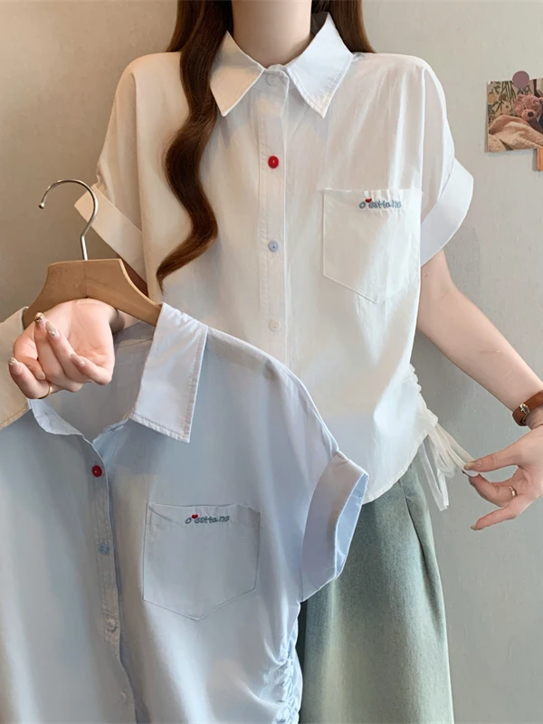 

Summer Fashionable Student Uniform Embroidered Drawstring Women's plus Size Shirt with Pockets Slimming Effect Casual Wear