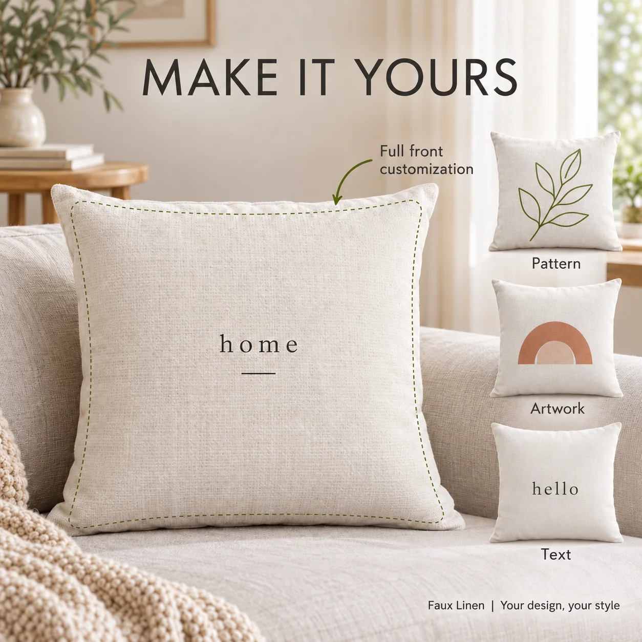 Printed Faux Linen Pillow Covers Set of 2 Personalized Photo Text Cushion Cases Decorative Square Throw Pillowcases for Sofa Bed