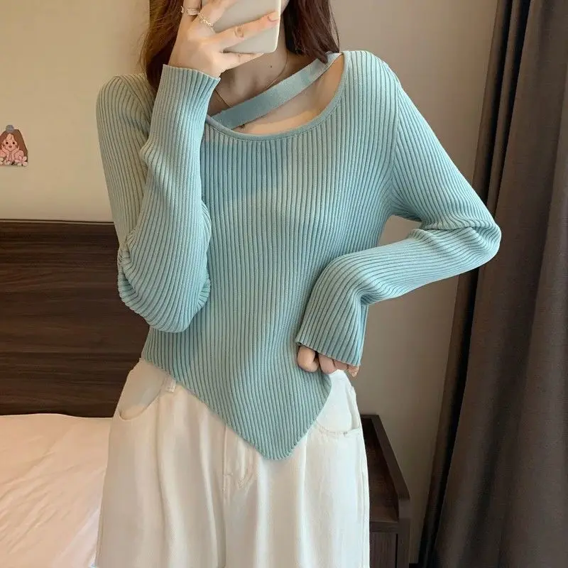 Spring Autumn Elegant Fashion Irregular Long Sleeve Sweaters Women Clothing Solid Vertical Grain Knit Pullovers Off Shoulder Top