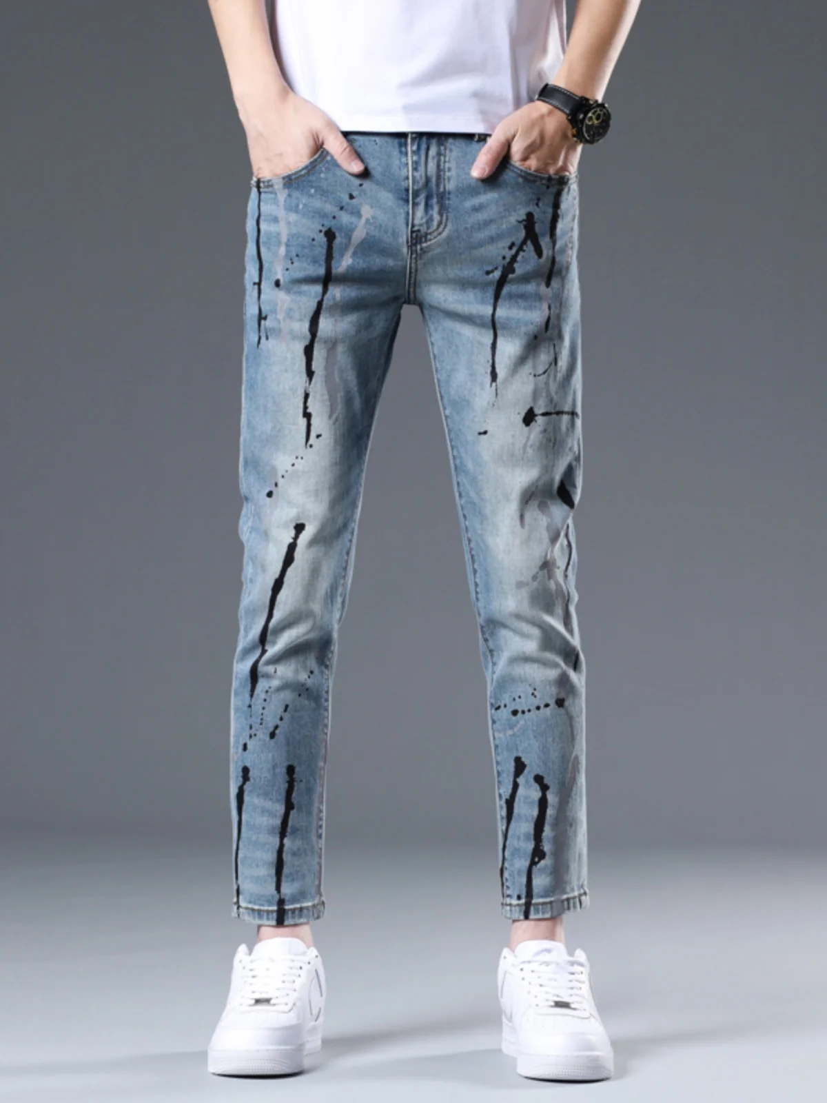 

Мужские джинсы Slim Fit класса люкс: эластичные, повседневные, универсальные, укороченные (9/10), из хлопкового стрейч-денима, молодежные, модные, со средней посадкой, для лета