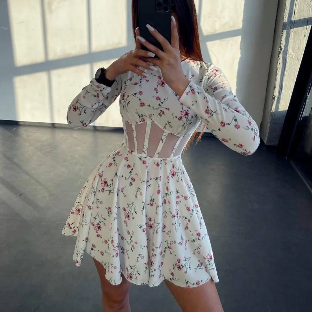 NMZM Flower Dress New Style Dress Long Sleeve Summer Sexy Mesh Hollow Stitching Fishbone Dress Women's Club Party Dress Tank Top