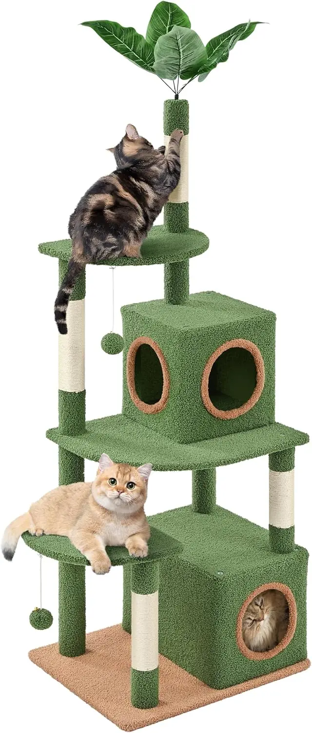 

Green Cactus Cat Tree with Palm Leaves, 2-Level Condo, 4 Scratching Posts, Hanging Balls for Indoor Cats
