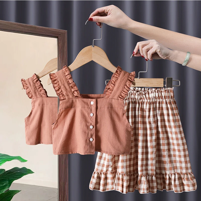 Costumes For Girls 2024 Dongdaemun Korean Summer Clothes Cotton Two-Piece Set Cute Sleeveless Shirts And Midi Dresses Loungewear