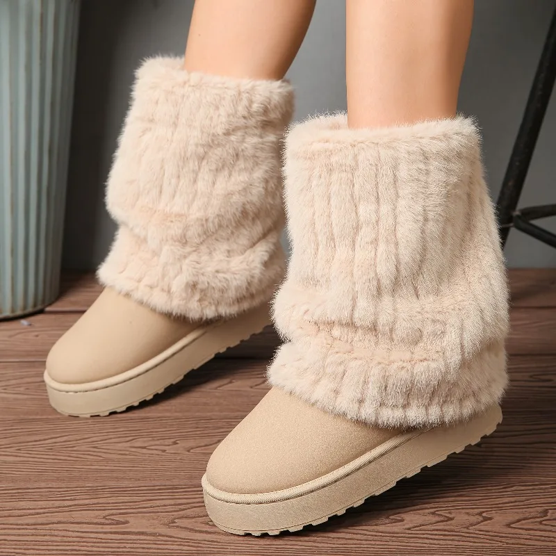 Sapatos de algodão fofos de sola grossa elegantes e versáteis para mulheres de inverno, novas botas de neve com alça de fivela 2025