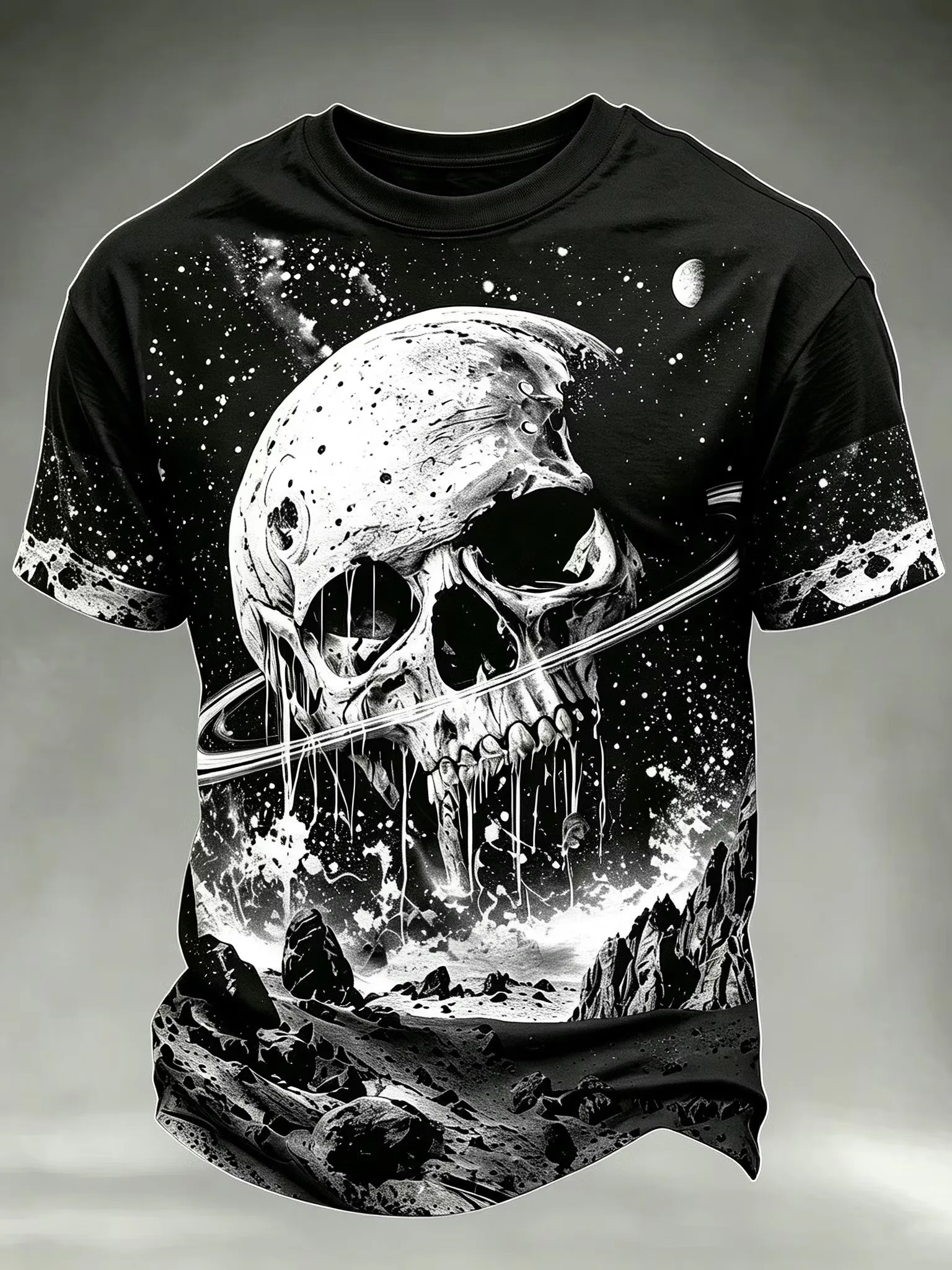Men 3D Cosmic Space Skull Print T‑Shirt Galaxy Planet Asteroid Art Pattern O‑Neck Short Sleeve Halloween Streetwear Tee Tops