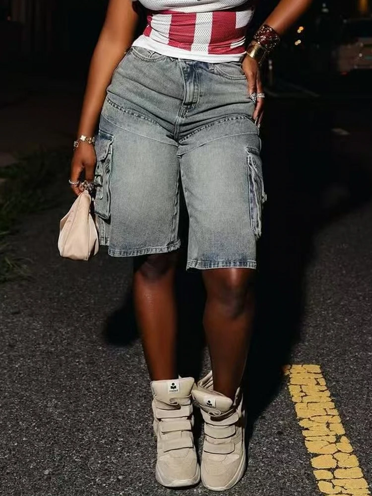 

Новинка лета 2024, женские джинсовые шорты с карманами и граффити, популярные повседневные шорты из полиэстера, короткие модные уличные шорты со средней талией