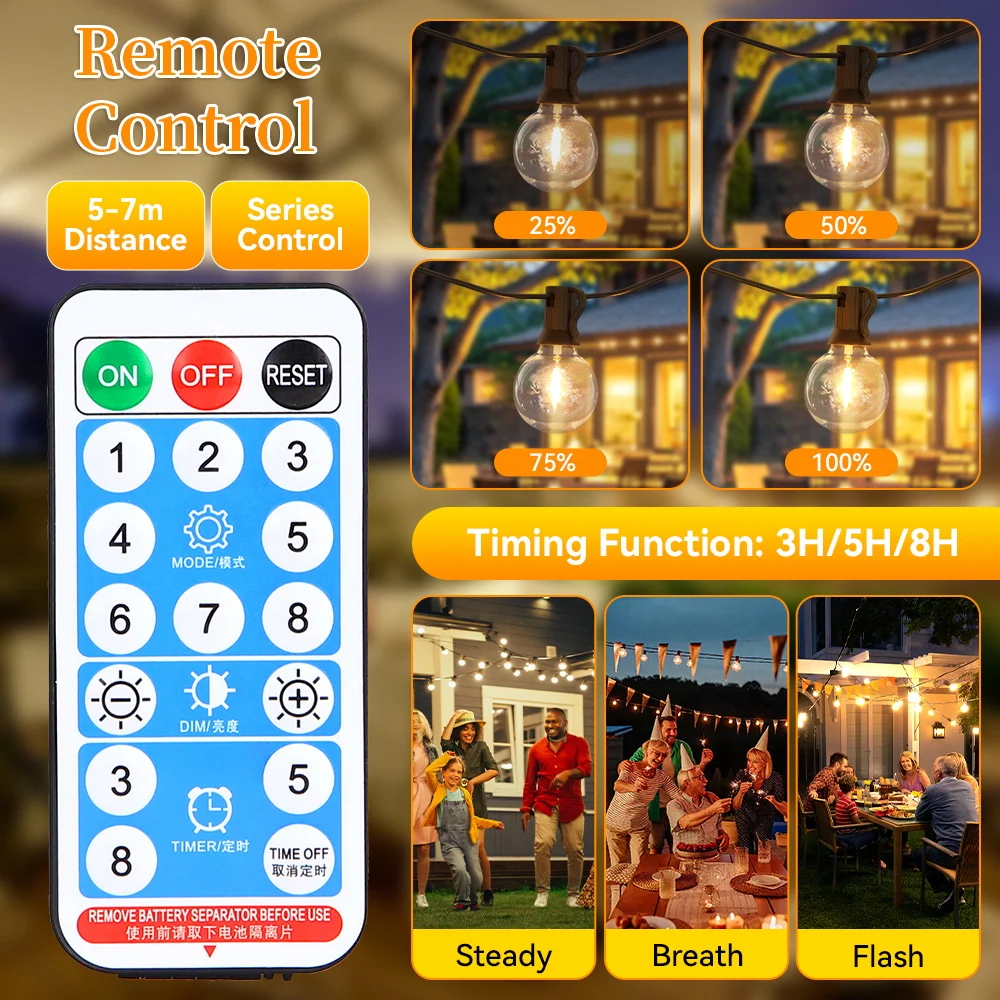 Outdoor Solar Light Waterproof String Warm Light Bulb With Remote Control 7/10/15M for Solar Garden Balcony Decorative Lighting