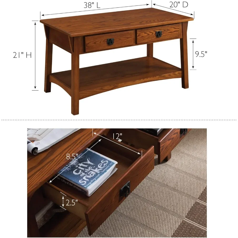 Coffee Table for Living Room, Two Drawers and Shelf, Made with Solid Wood